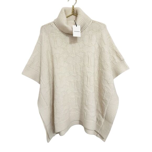 COACH NWT Ivory Signature Knit Turtleneck Wool Blend Poncho Sweater